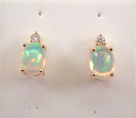 14K Yellow Gold Oval Opal Earrings, Genuine Diamond Setting, October Birthstone Gift For Women