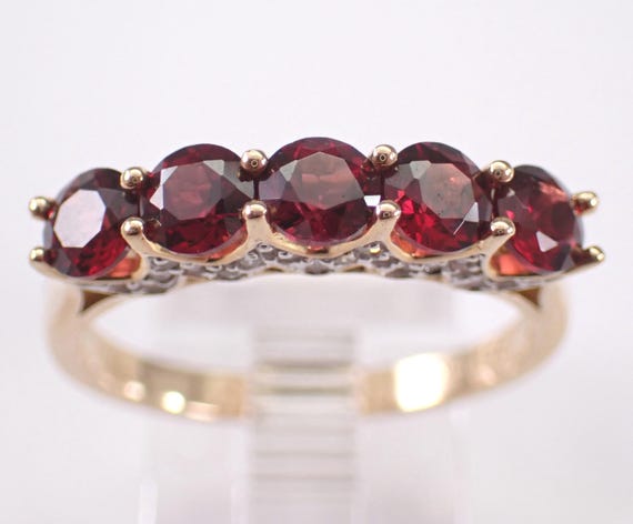 Yellow Gold Garnet Wedding Band, Unique Diamond Anniversary Ring, January Gemstone Gift