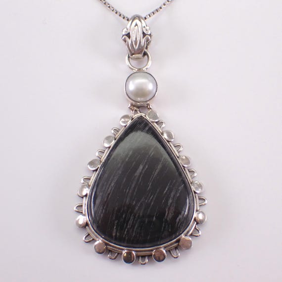 Vintage Sterling Silver Dangle Charm Necklace: Teardrop Agate and Pearl Choker Pendant and Chain
