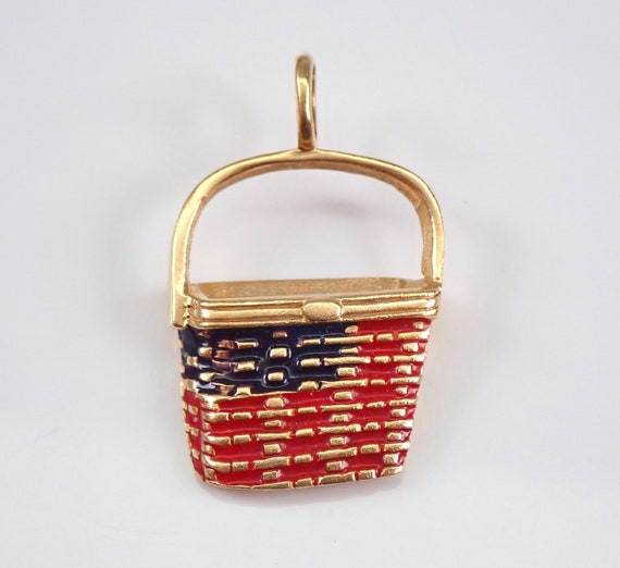 14K Yellow Gold Basket Charm, Vintage Estate Enamel Pendant, Longaberger Village 20th Century 1st Edition, American Flag Patriotic
