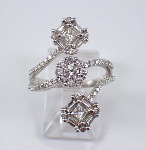 14K White Gold Diamond Cocktail Ring - Elongated Crossover Multi Row Band - Unique Square and Round Shape Clusters