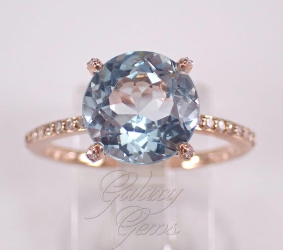 Rose Gold Blue Topaz Engagement Ring, Dainty Simple Gemstone and Diamond Setting