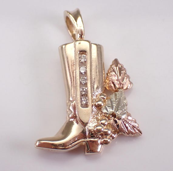 Vintage Diamond Boot Charm Pendant, Yellow Gold Footwear Jewelry for Bracelet or Necklace, Unique Tri Color Cowboy Rodeo Jewelry