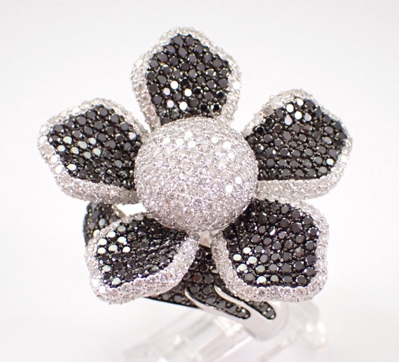 18K Gold Black and White Diamond Ring - Large Flower Cluster Cocktail Band - Modern Design Fine Jewelry Gift