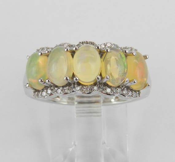 White Gold Opal and Diamond Anniversary Ring: October Birthstone Gemstone Wedding Band