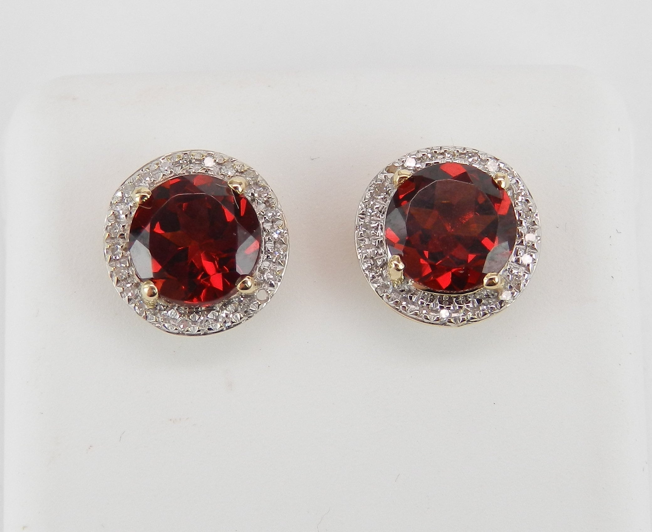 Garnet and Diamond Stud Earrings Halo Studs 14K Yellow Gold January ...