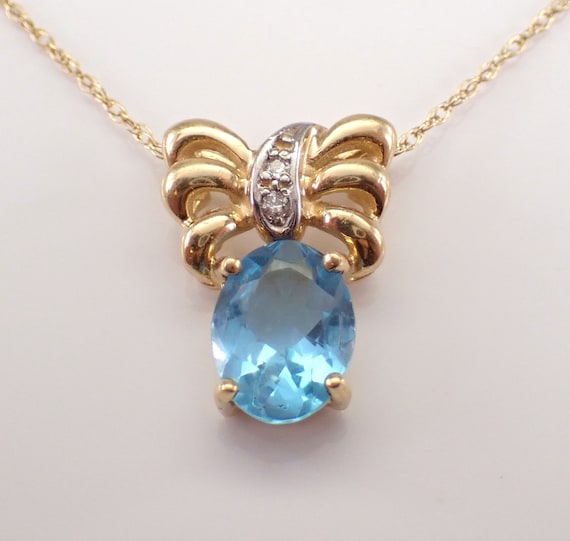 14K Yellow Gold Blue Topaz Pendant and Chain - Diamond and Gemstone Charm Necklace - Birthday Fine Jewelry Gift