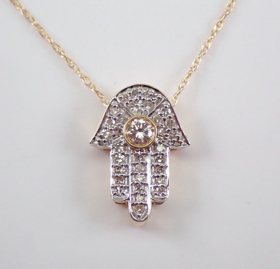 Diamond HAMSA Pendant and Chain, Yellow Gold Hand of God Necklace, Judaica Fine Jewelry