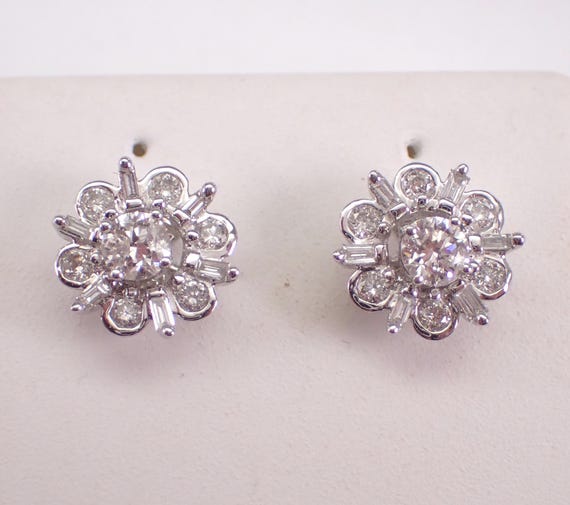 White Gold Diamond Stud Earrings - Baguette Flower Halo Jackets - Dainty Convertible Studs