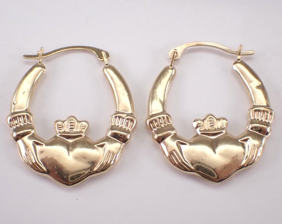 Vintage Yellow Gold Claddagh Hoop Earrings: Estate Lucky Irish Huggies