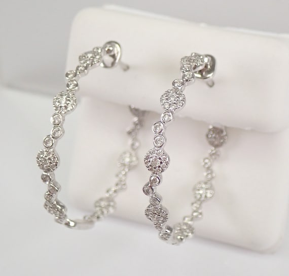 Unique Diamond Hoop Earrings - 18K White Gold Fine Jewelry - Unique Inside and Out Hoops