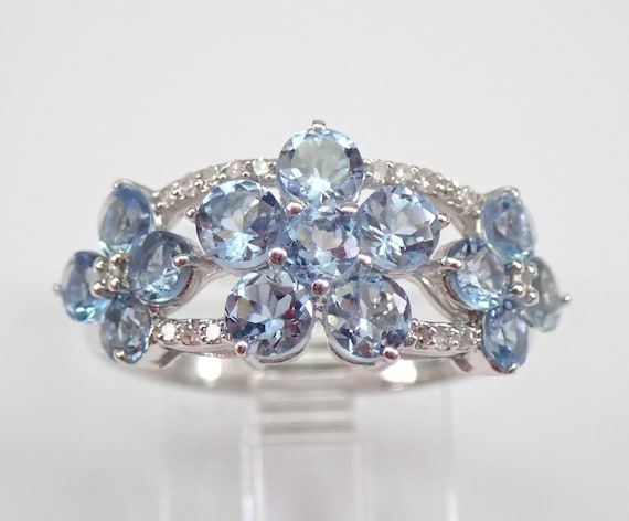 White Gold Aquamarine Flower Ring - Diamond Wedding Anniversary Band - Unique Gemstone Cluster Jewelry Gift