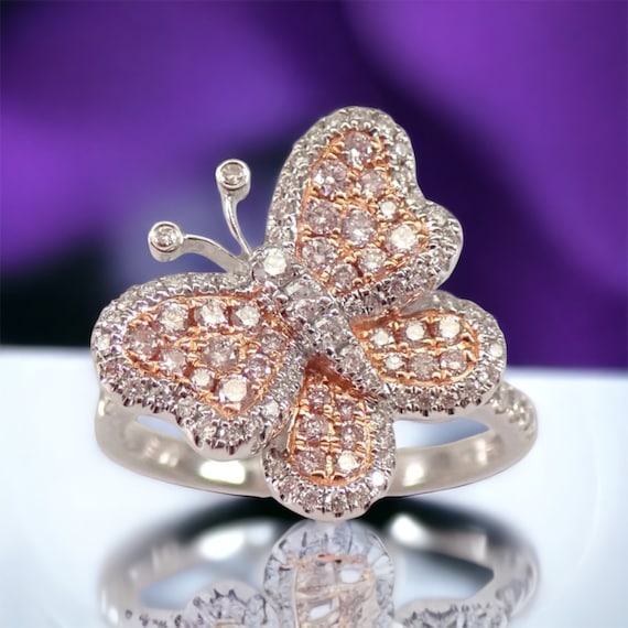 14K White Gold Pink Diamond Butterfly Ring - Unique Fancy Color Fine Jewelry Gift - GalaxyGems Cluster Butter Fly