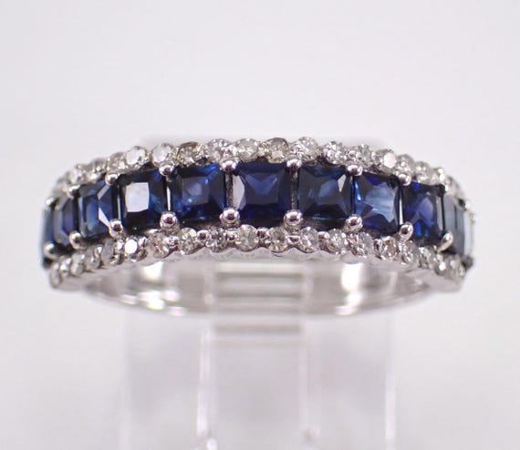 Princess Cut Sapphire and Diamond Wedding Ring - Solid 14K White Gold Anniversary Band - September Birthstone Jewelry Gift