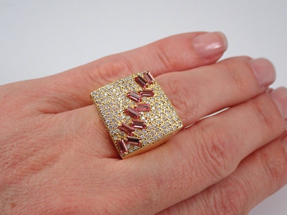 Genuine Pink Tourmaline Ring - Large Solid 18K Yellow Gold Diamond Cocktail Ring - Square Chunky Cluster Right Hand Ring