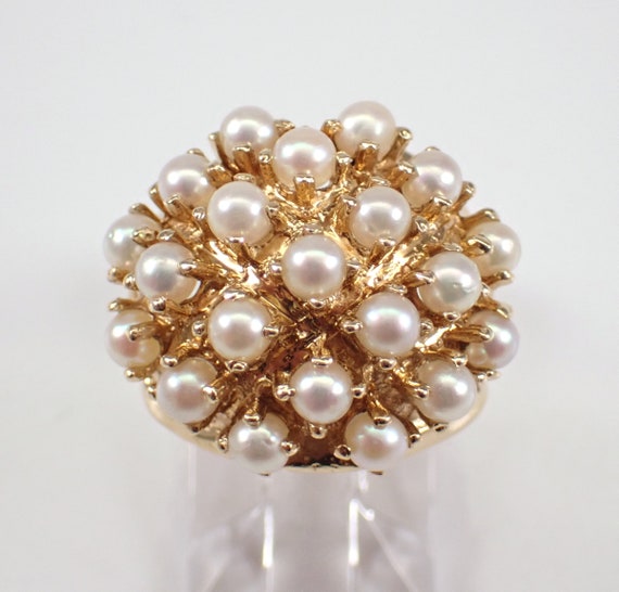 Vintage 14K Yellow Gold Pearl Cluster Ring - Unique Estate Fine Jewelry - June Birthstone Gift