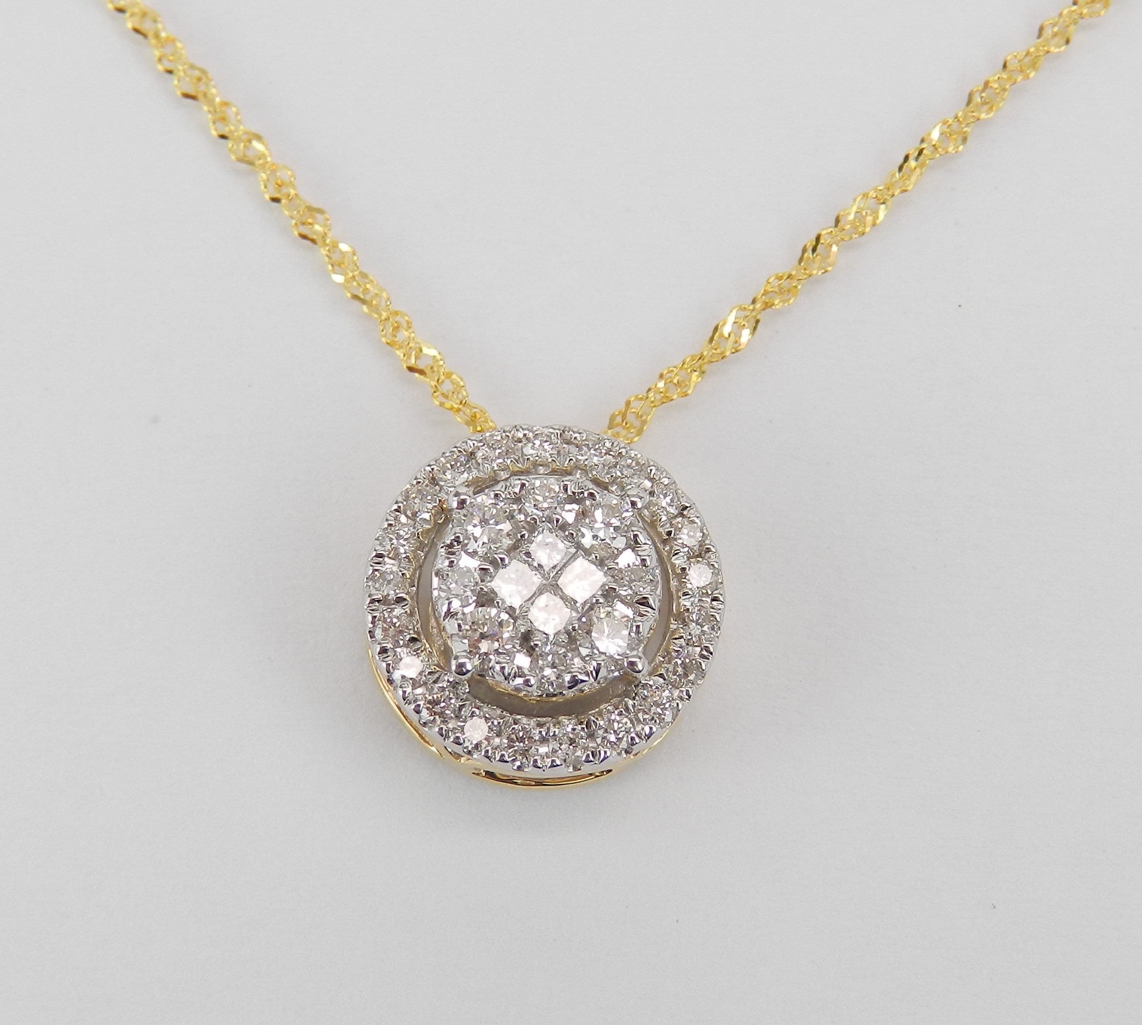 Yellow Gold 1/2 carat Diamond Halo Cluster Pendant Wedding Necklace