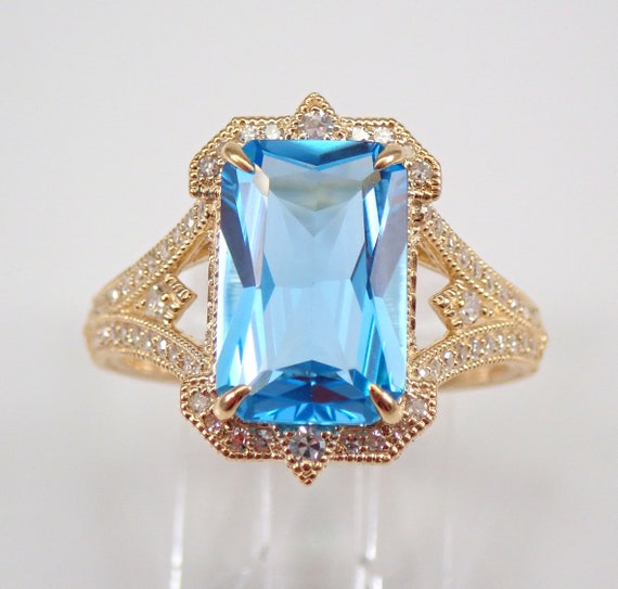 14K Yellow Gold Radiant Cut Blue Topaz and Diamond Halo Engagement Ring Size 8