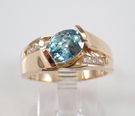 Vintage Blue Zircon and Diamond Ring - 14K Yellow Gold Chunky Setting - Unique Bridal Engagement Jewelry Gift