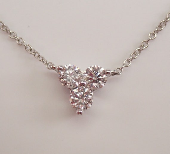 White Gold Diamond Trinity Necklace, Three Stone Cluster Pendant and Chain 18", Past Present Future Anniversary Gift