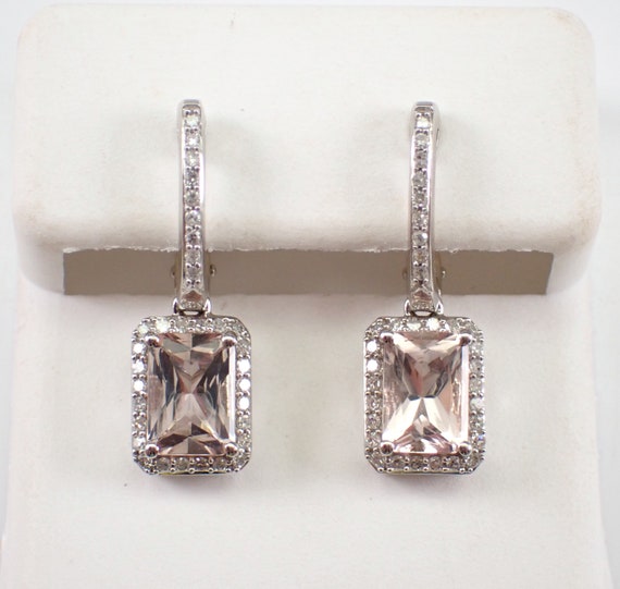 Morganite and Diamond Dangle Earrings - White Gold Fine Jewelry - Unique Pink Gemstone Gift