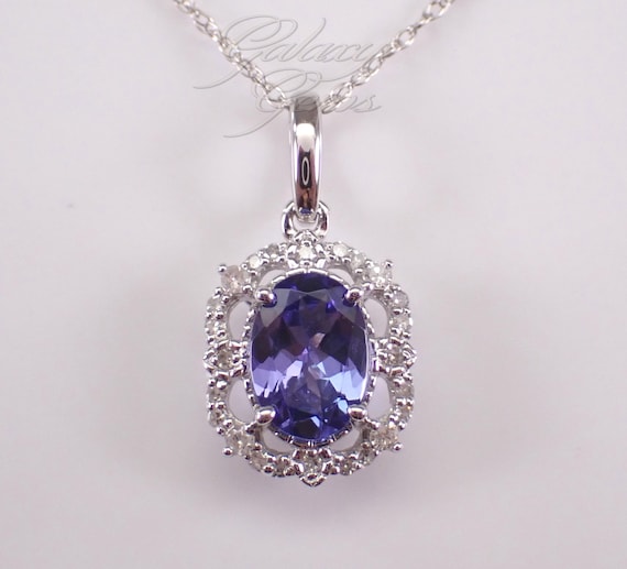 Tanzanite and Diamond Halo Pendant and Chain: 14k White Gold Gemstone Charm Necklace