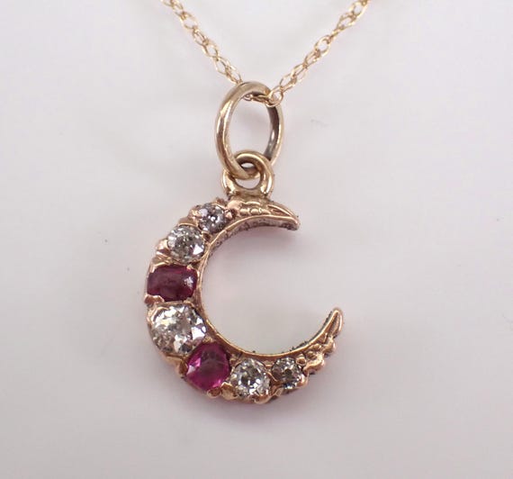 Antique Yellow Gold Diamond and Ruby Necklace - Victorian Crescent Moon Pendant and Chain - Unique Dainty Charm Dangle Slide