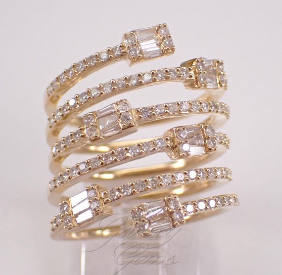 14K Yellow Gold Diamond Multi Row Ring, Wide Wedding Anniversary Band, Unique Right Hand Bridal Jewelry Gift