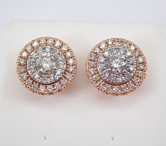 Rose Gold Diamond Stud Earrings - Unique Two Tone Gold Halo Cluster Studs - Brilliant Fine Jewelry Gift