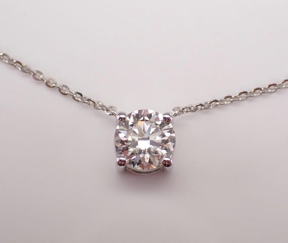 14K White Gold 1.50ct LAB Grown Diamond Solitaire Pendant: Round Brilliant Station Charm Necklace