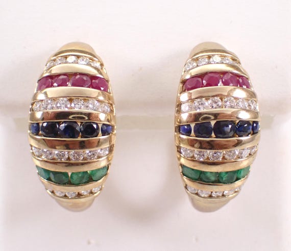 Sapphire Emerald Ruby Hoop Earrings - Yellow Gold Diamond Half Hoops - Multi Color Gemstone Chunky Huggies