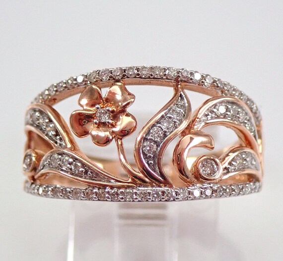 Rose Gold Diamond Flower Wedding Band, Unique Floral Anniversary Ring, GalaxyGems Fine Jewelry Gift