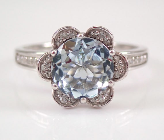 Aquamarine Halo Engagement Ring -  14K White Gold Diamond and Gemstone Ring - Flower Fine Jewelry for Her - Floral March Birthstone