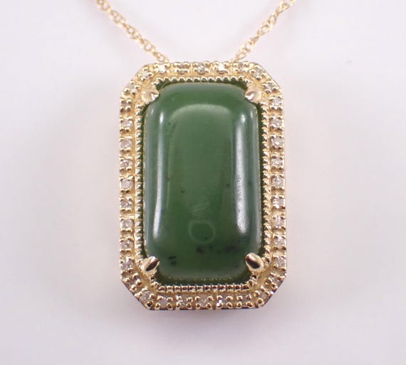 Yellow Gold Jade and Diamond Necklace: Rectangular Halo Charm Pendant and Chain