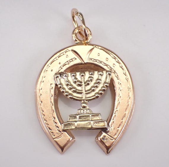 Vintage 14K Yellow Gold Horseshoe Menorah Charm - Unique Good Luck Religious Pendant for Necklace or Bracelet