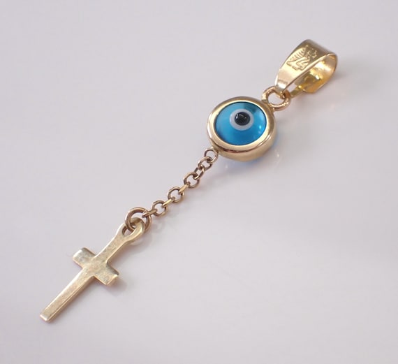 14k Yellow Gold Evil Eye and Cross Pendant - Unique Good Luck Religious Charm