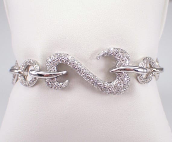 18K White Gold Diamond Bracelet - Chunky Open Heart Pave Cluster Link - Bridal Wedding Anniversary Jewelry Gift