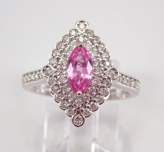 Pink Sapphire Engagement Ring - 14k White Gold Fine Jewelry - Unique Diamond Half Bezel Halo Bridal Setting