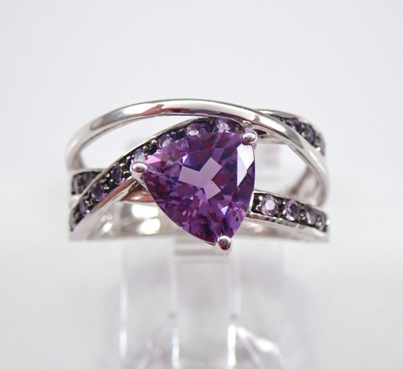 Trillion Amethyst Engagement Ring - 14K White Gold Crossover Setting - Multi Row Wraparound Band - February Birthstone Gemstone