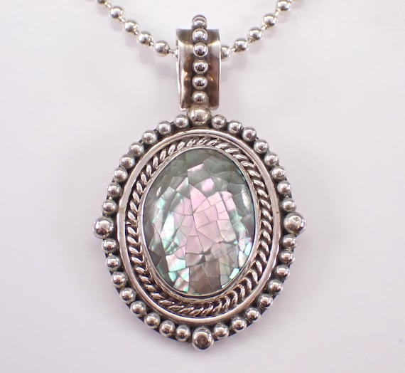 Vintage Sterling Silver Mother of Pearl Mosaic Necklace, Unique Large Charm Pendant and Chain