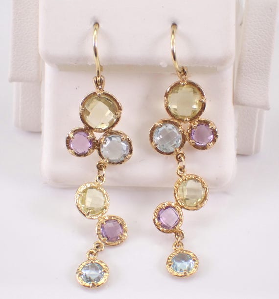 14K Yellow Gold Amethyst Peridot and Topaz Earrings, Multi Color Gemstone Dangles