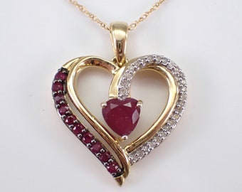 Ruby and Diamond Heart Necklace - Yellow Gold Gemstone Choker Chain - July Birthstone Charm Pendant Jewelry Gift