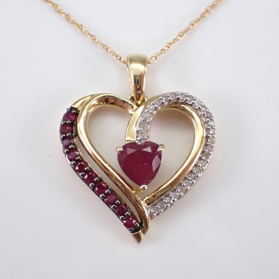 Ruby and Diamond Heart Necklace - Yellow Gold Gemstone Choker Chain - July Birthstone Charm Pendant Jewelry Gift