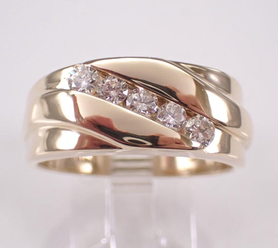 Mens 14K Yellow Gold Diamond Wedding Band: Bridal Anniversary Ring for Him
