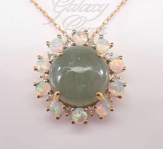 Yellow Gold Jade and Opal Pendant and Chain: Diamond Halo Charm Necklace