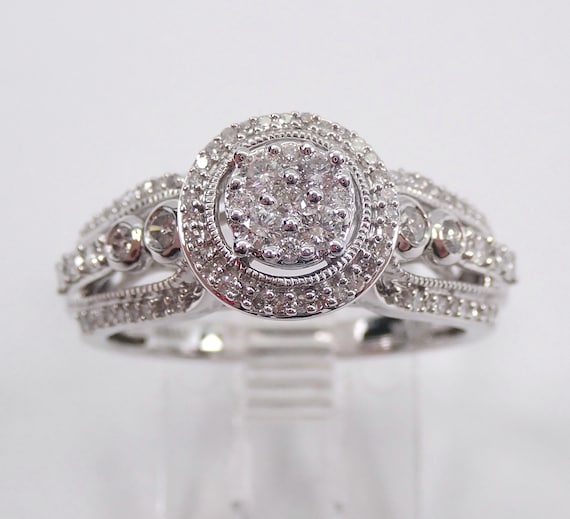 White Gold Diamond Engagement Ring - Bridal Cluster Halo Setting - Unique GalaxyGems Fine Jewelry Gift