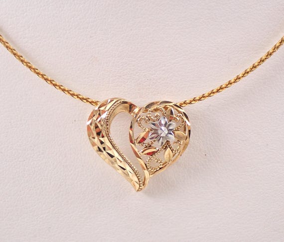 Vintage 14K Yellow Gold Heart Necklace - Dainty Charm Pendant and Braided Omega Chain - Estate Anniversary Fine Jewelry Gift