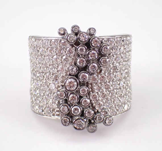 Sterling Silver Large Cubic Zirconia Ring - Unique Chunky Wide CZ Cluster Cigar Band - Estate Designer Fine Jewelry Gift