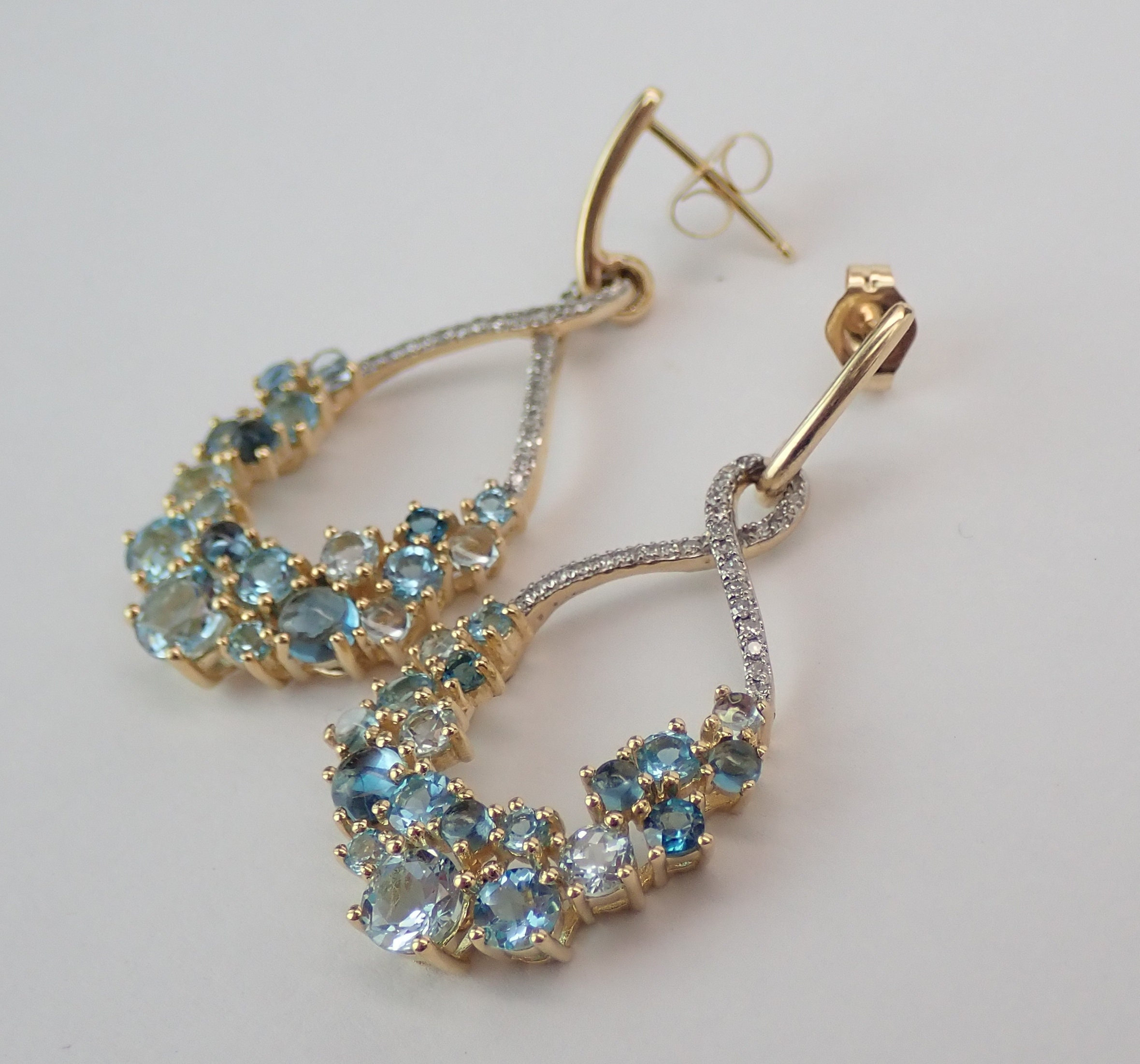 14K Yellow Gold Diamond and Blue Topaz Dangle Drop Earrings Multi Color ...