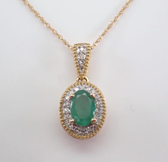 Emerald and Diamond Pendant and Chain - Yellow Gold Gemstone Choker Necklace - May Birthstone Fine Jewelry Gift